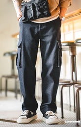 Maden Retro Baggy Jeans Big Pocket Twill Denim Washed Jeans Straight Loose Cargo Pants Hip Hop Streetwear Men Casual Trousers